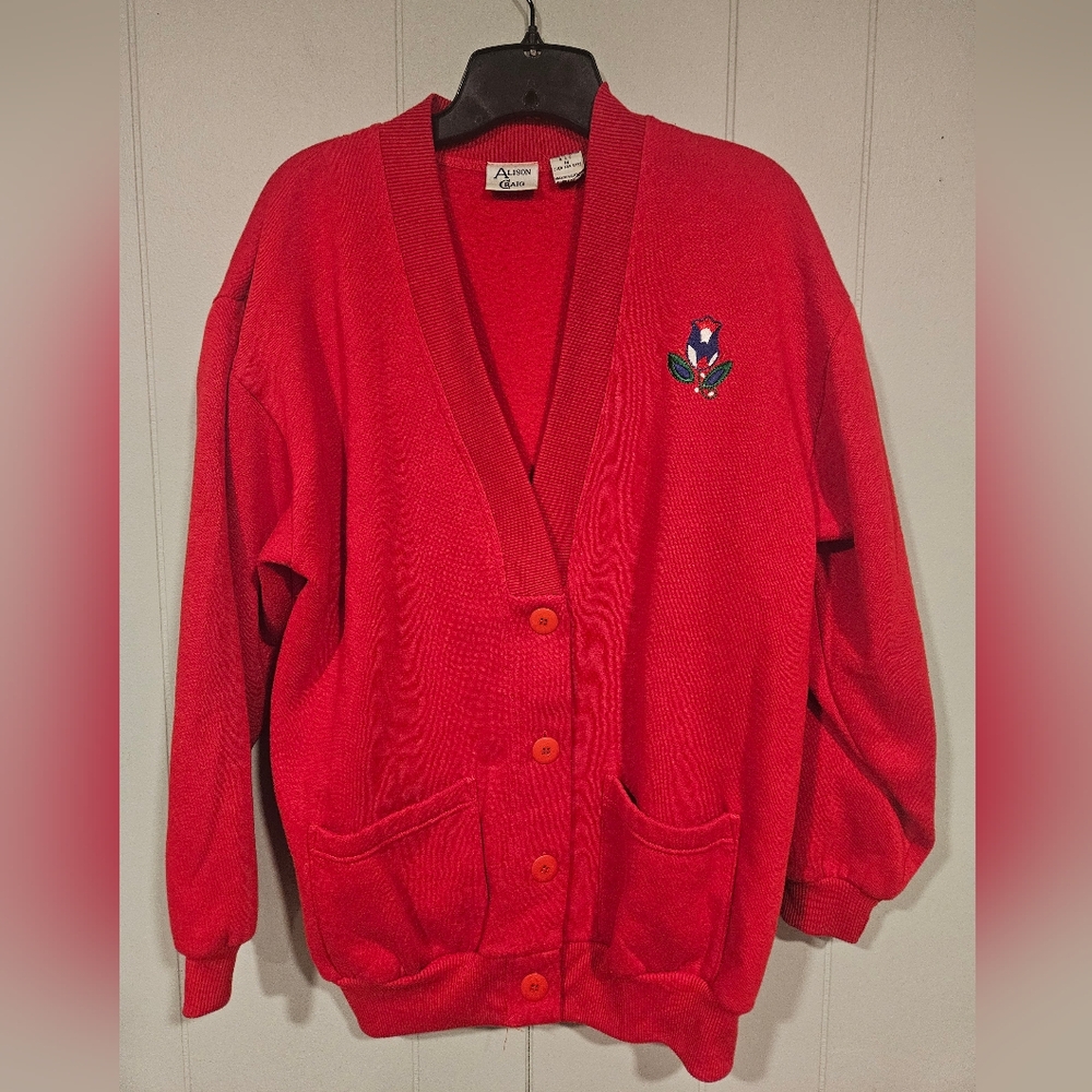Allison Craig Women's Fleece Cardigan Sweater Medium Pockets Embroidered Flower